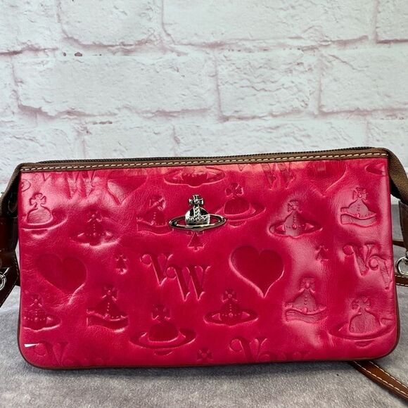 Vivienne Westwood Pink Embossed Leather Women's Bag Crossbody Wallet on Strap - Picture 2 of 15